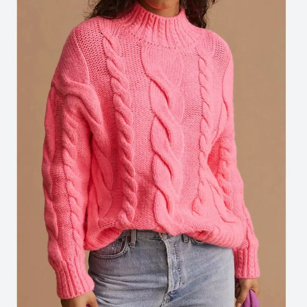 ANTHROPLOGIE Size Medium Vibrant Coquette Cable Knit Mock Neck Neon Pink Sweater